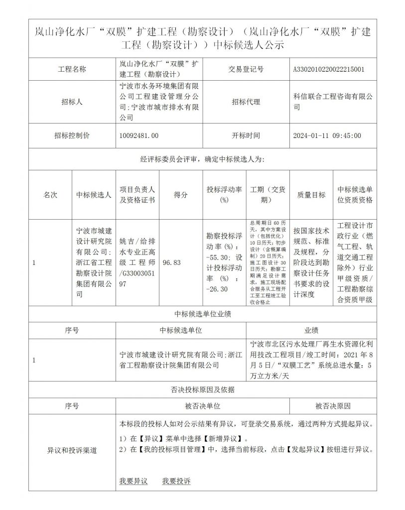 嵐山凈化水廠“雙膜”擴建工程（勘察設計）（嵐山凈化水廠“雙膜”擴建工程（勘察設計））中標候選人公示
